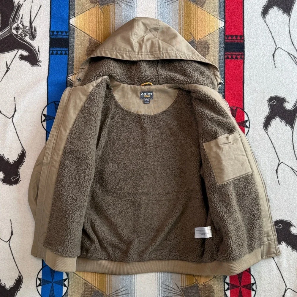 Ariat Rebar DuraCanvas Sherpa Lined Hooded Jacket Mens XXL Brown Workwear